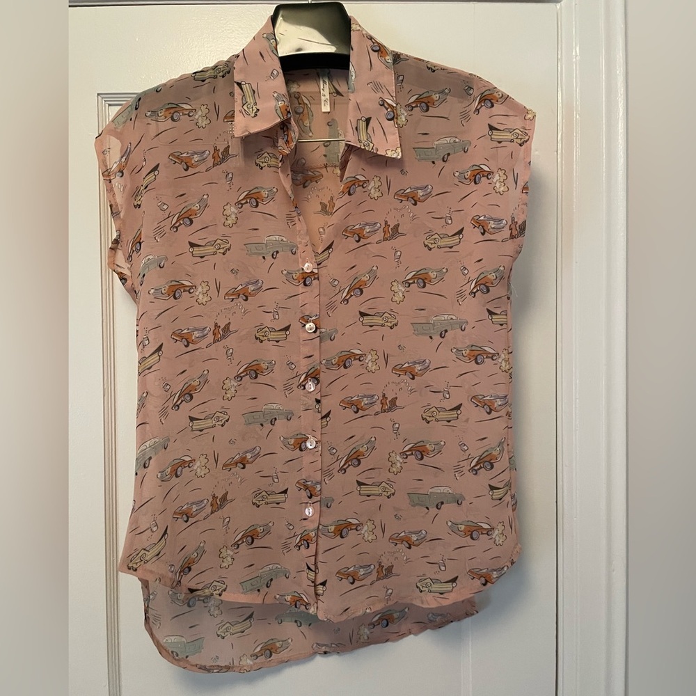 Car Print Sheer Button-Up Blouse from Korea